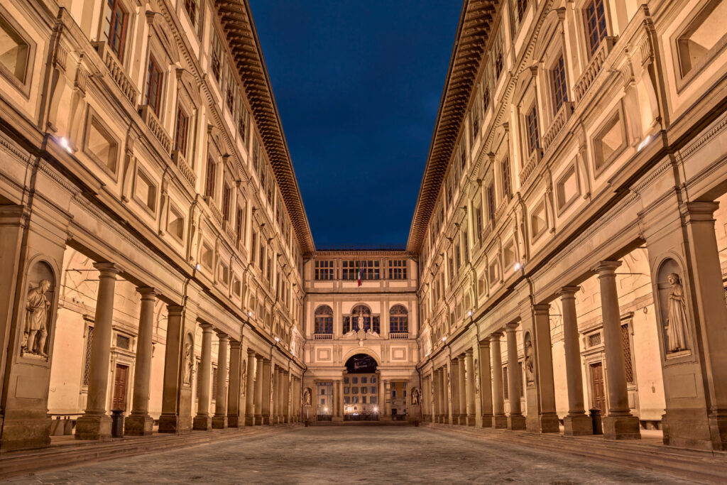 Florence, Tuscany, Italy: the outside of the Uffizi Gallery (Italian: Galleria degli Uffizi), famous art museum
