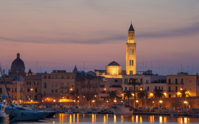 Cityscape of Bari at sunset with Basilica of San Nicola