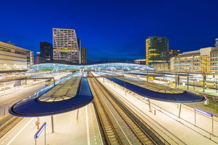 Central station at dusk in Utrecht