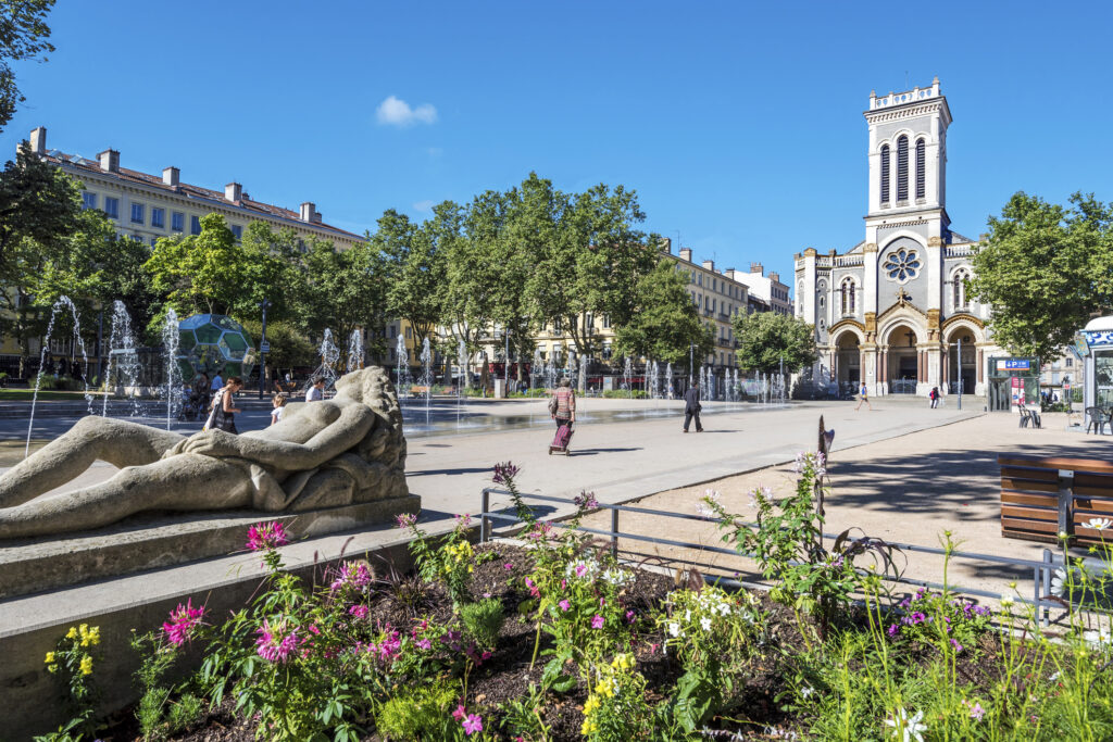 Jean Jaures square in the center of Saint Etienne with fountain