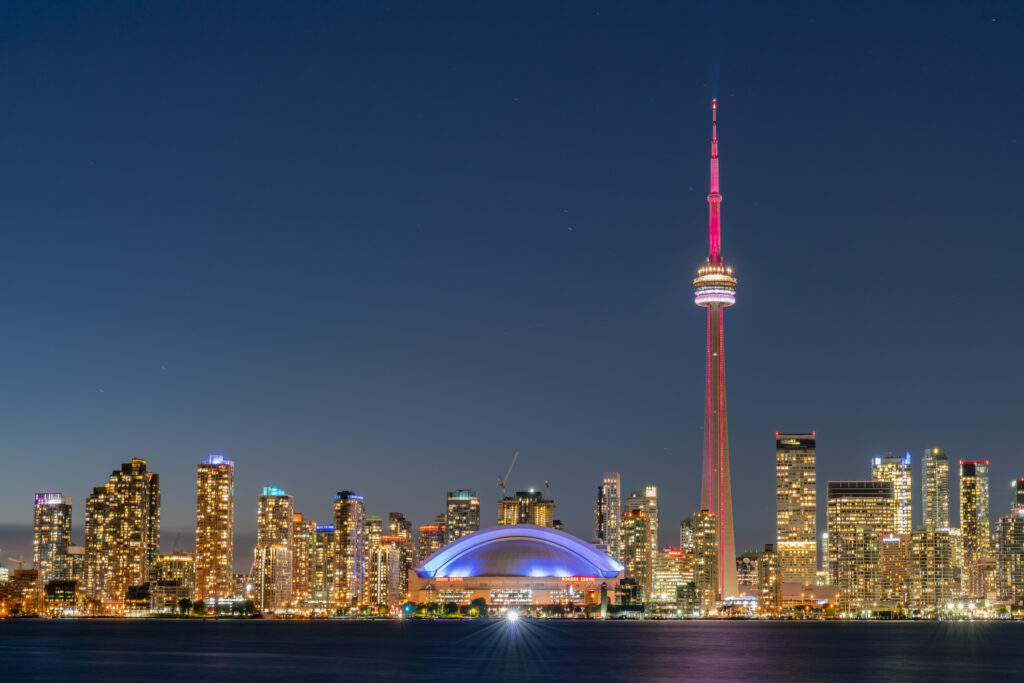 Toronto city sunset skyline with CN Tower
