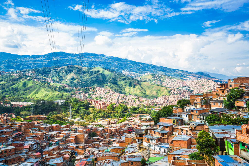 Panoramic view of the buildings and the valley of Comuna 13 in Medellin, Colombia
