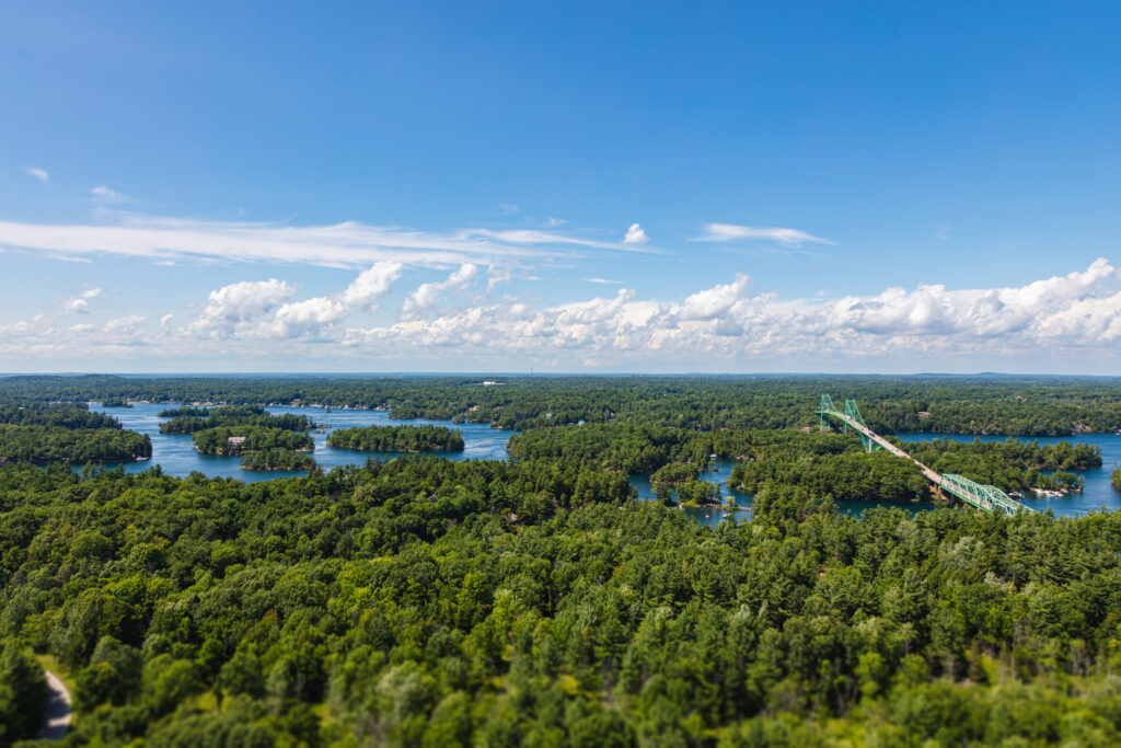 Bird's eye view over 1000 Islands landscape in Ontario, Canada