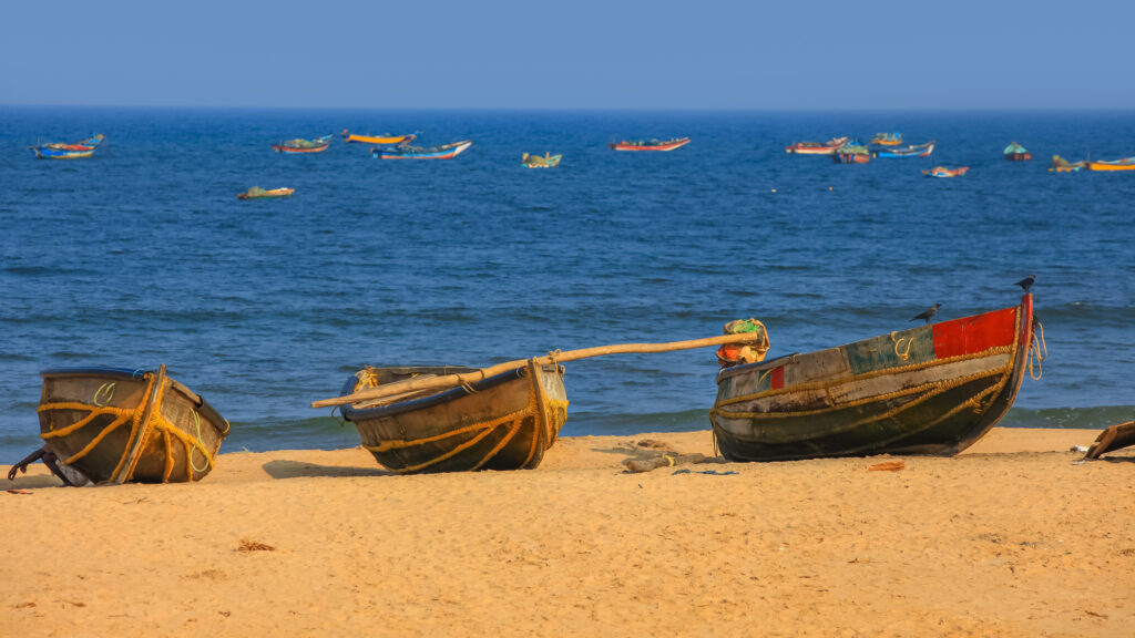 Colorful fishing boats near rushikonda beach Visakhapatnam City in India