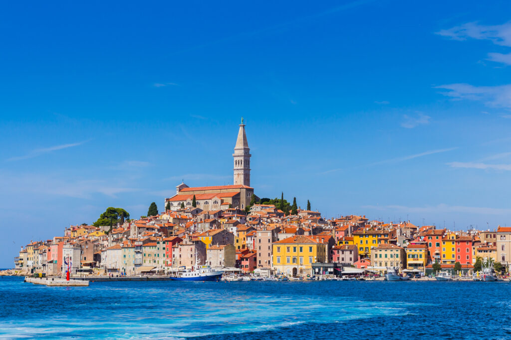 Panoramic view on old town Rovinj from harbor