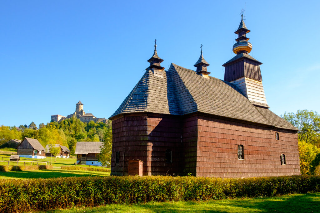 Scenic view of old traditional Slovak wooden church, Slovakia