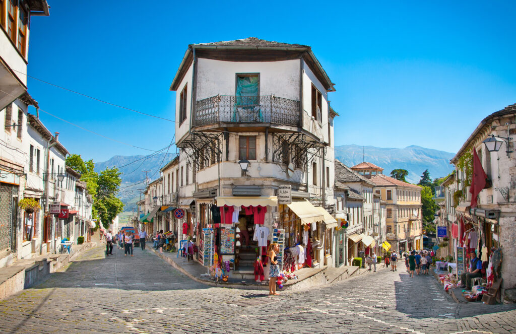 Streetscape in Gjirokaster, Albania