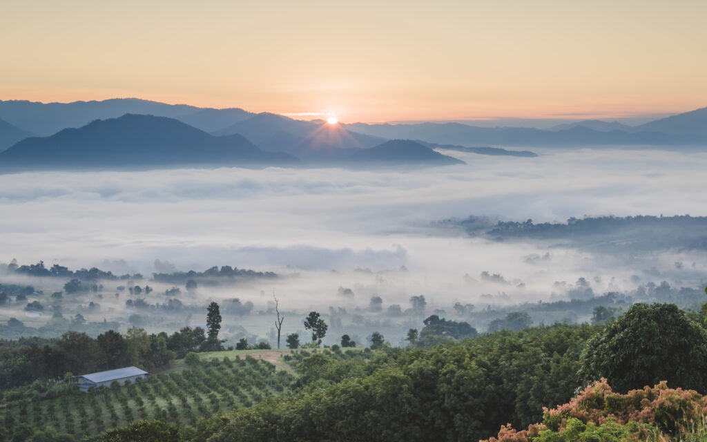 Pai Thailand landscape with mist in the valleys at sunrise