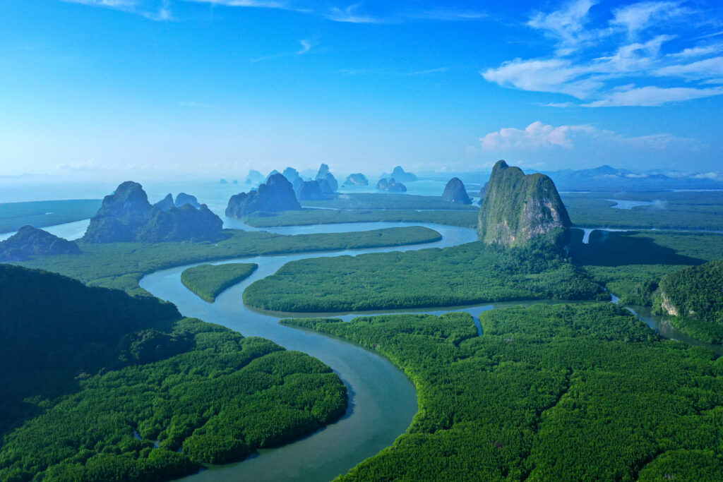 Top View Tropical Island, Aerial view island green forest at Phang Nga Bay