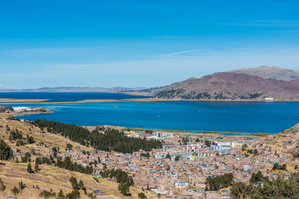 Lake Titicaca in the Peruvian Andes near Puno Peru