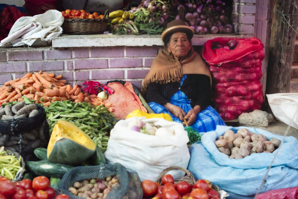 Local woman at vegetable market - Chulumani, Bolivia