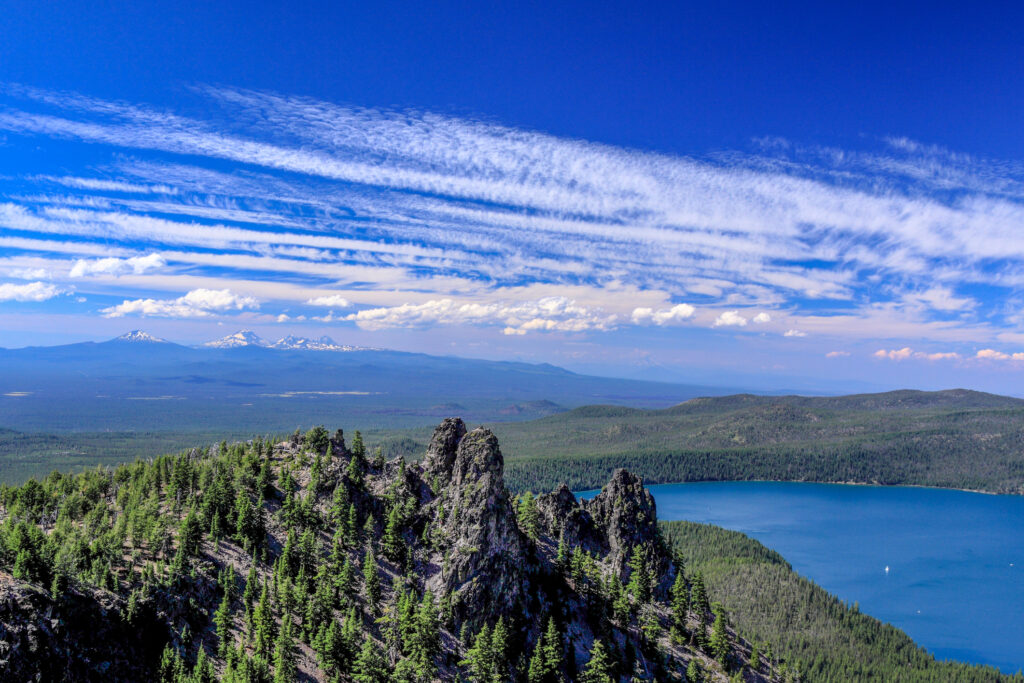 View on Three Sisters, Paulina Peak and Paulina Lake of Newberry Volcano