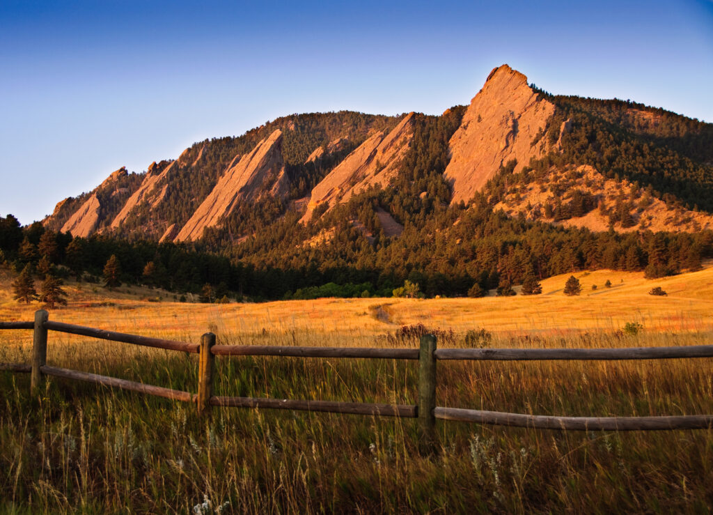 A view of the Flatiron rock formations, part of the Rocky Mountain foothills just outside Boulder, Colorado