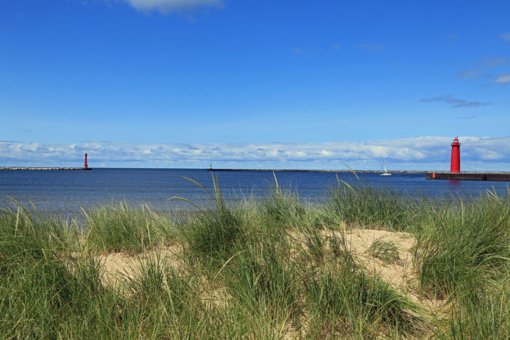 Historic Muskegon lighthouses and harbor entrance in Michigan, USA