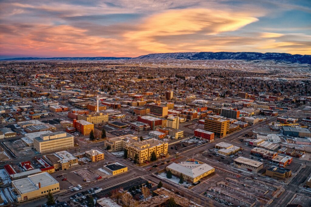 Aerial View of Downtown Casper, Wyoming at Dusk