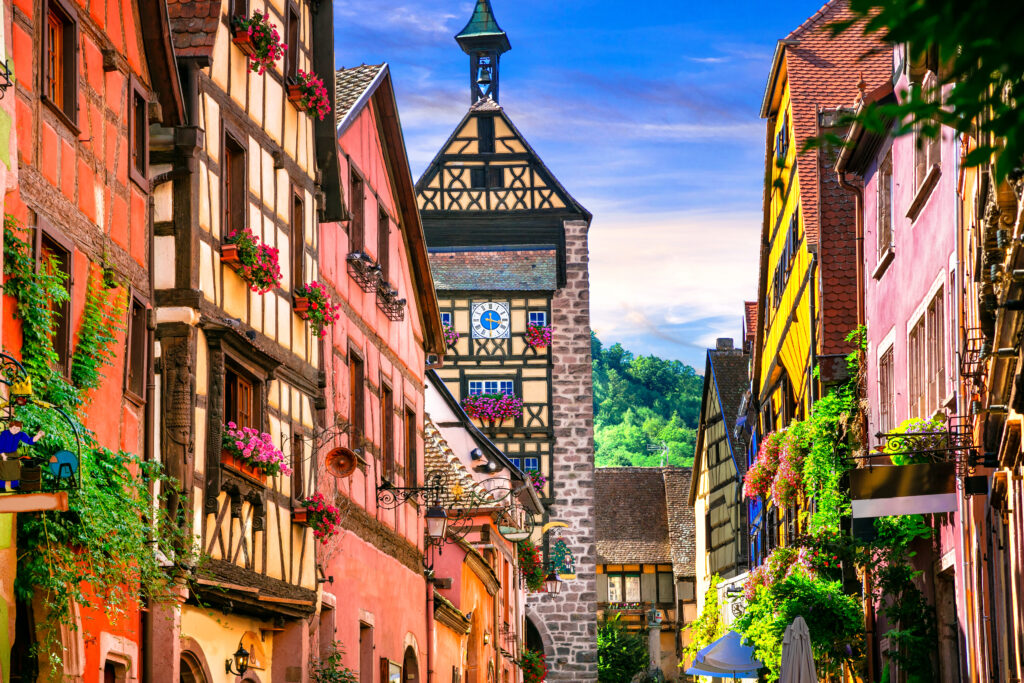 Beautiful Riquewihr Village,Traditional houses and floral decoration,Alsace,France