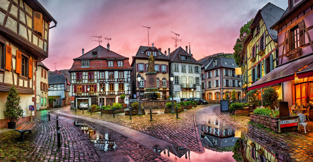 Rainy sunset in historical village Ribeauville, Alsace, France